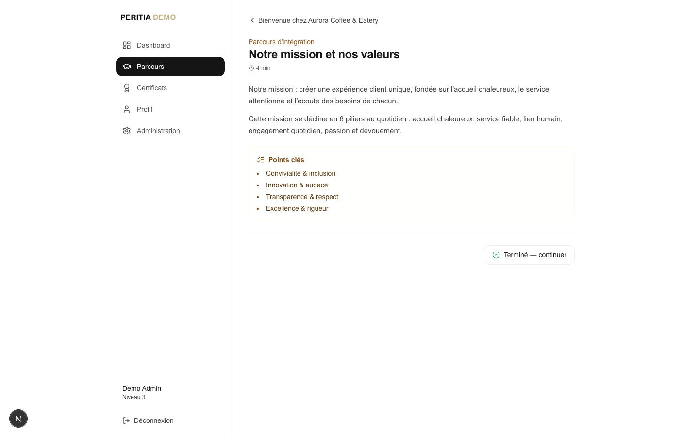 Peritia Academy — onboarding d'un collaborateur