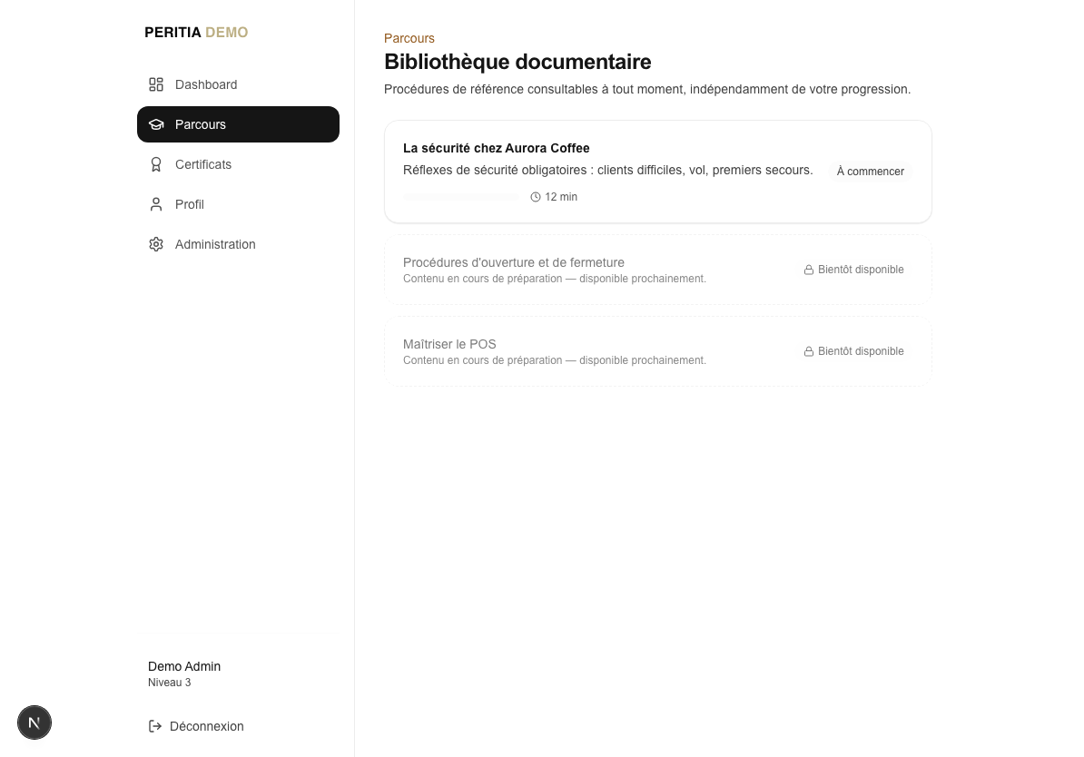 Peritia Academy — bibliothèque de procédures